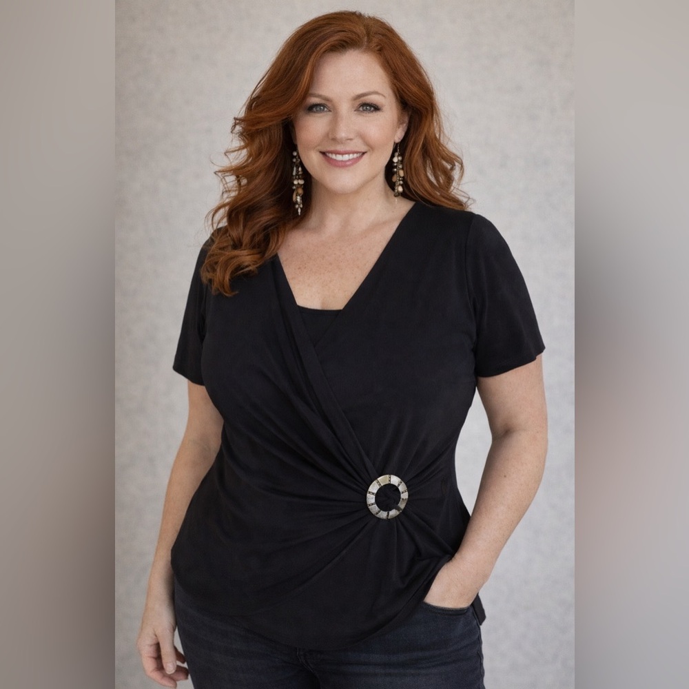 Rachel Elegant Black Top with Stylish Ring Detail, size 3X, but runs small.